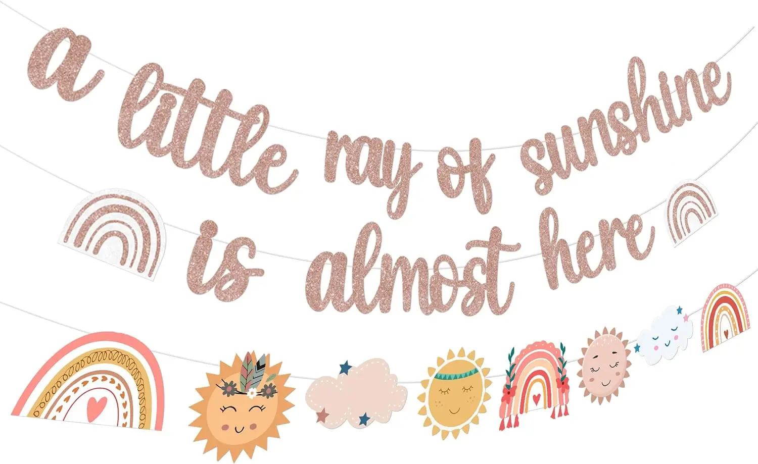 A Little Ray of Sunshine Is Most Here Banner, Boho Sun Rainbow Garland Decorations for Girl Baby Shower