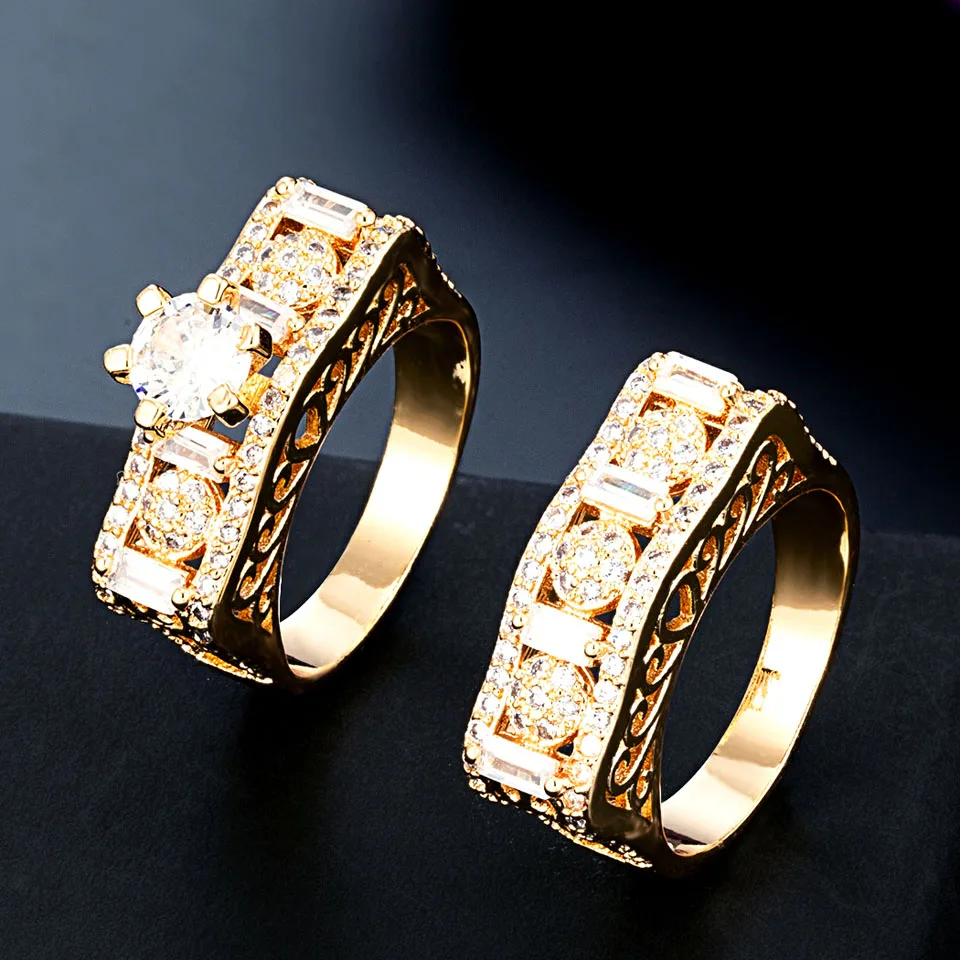 

Zlxgirl Three Plated Color Women and Men Couple Finger ring set of Bridal jewelry High Quality AAA Zircon Rings Anel Aneis Bijou