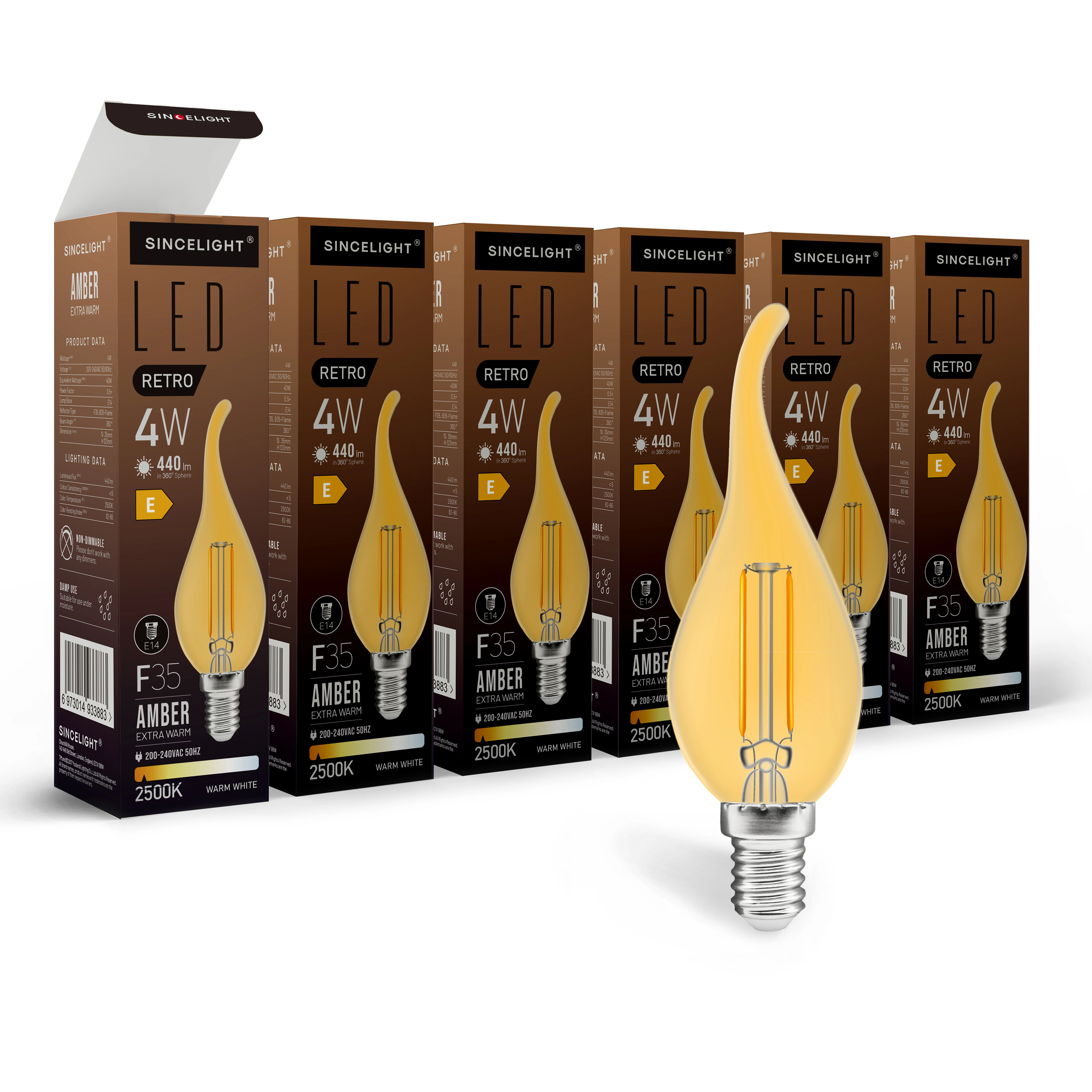 

Pack of 6, E14 LED Vintage Candle light bulb with 4W, 2500K, C35 Filament Chandelier Candle Bulbs Amber Glass, Non-Dimmable