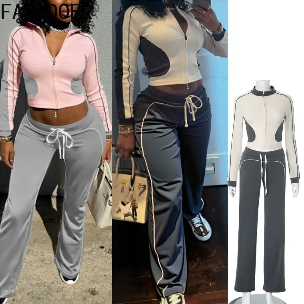 FAGADOER Spring 2025 New 2 Piece Sets Women Outfit Casual Color Blocks Zip Crop Top + Drawstring Pants Suits Streetwear Clothing