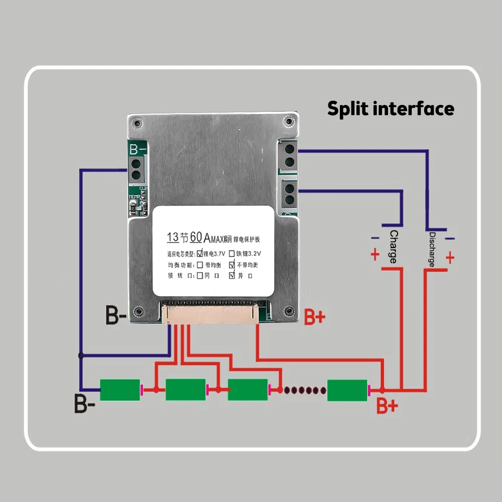 Módulo de placa BMS, paquete de batería de iones de litio compacta para Placa de protección, ajuste BMS para baterías 13S 48V 60A duraderas