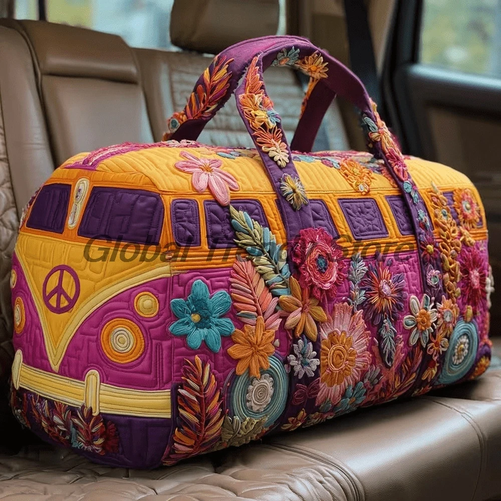 Men's Outdoor Quilted Duffle Bag Floral Peace Bus Print Travel Tote Handbag Women Casual Weekender Bag