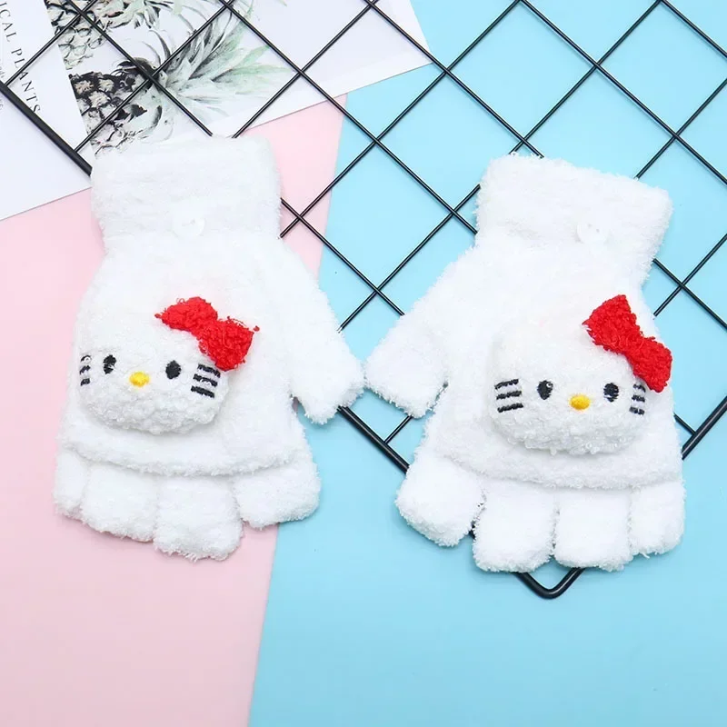 Sanrio Cinnamoroll Melody Kuromi Golves Women Kawaii Cartoon Warm Flap Open Half Finger Hello Kitty Y2k Knitted Coldproof Gloves