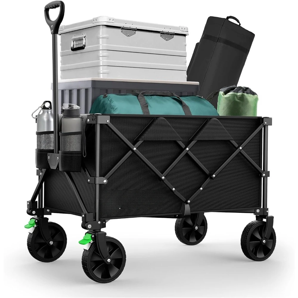 

Collapsible Folding Wagon, Outdoor Utility with Silent Universal Wheels, Cup Holders & Side Pockets, Adjustable Handle