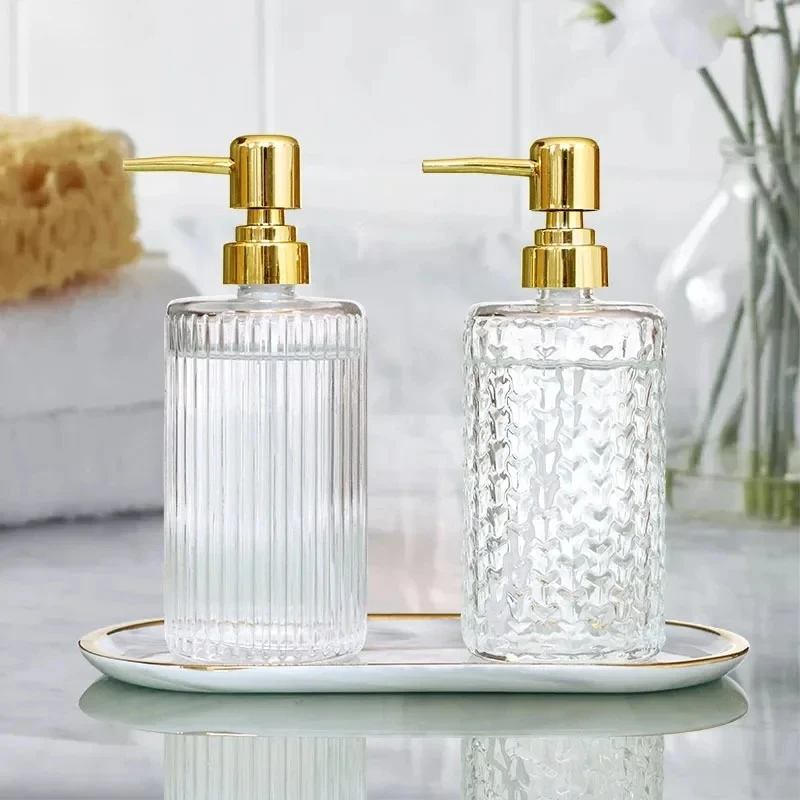 Glass Hand Sanitizer Lotion Bottle Metal Ceramic Tray Brown Yellow Push Type Shampoo Bottle Bathroom Soap Dispenser Decoration