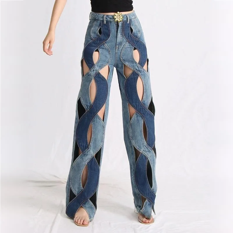 

Women's Clothing Jeans with Loose Hollow Stripes and Woven Design Wide Leg Long Pants. Women's Fashionable New Sexy Long Pants