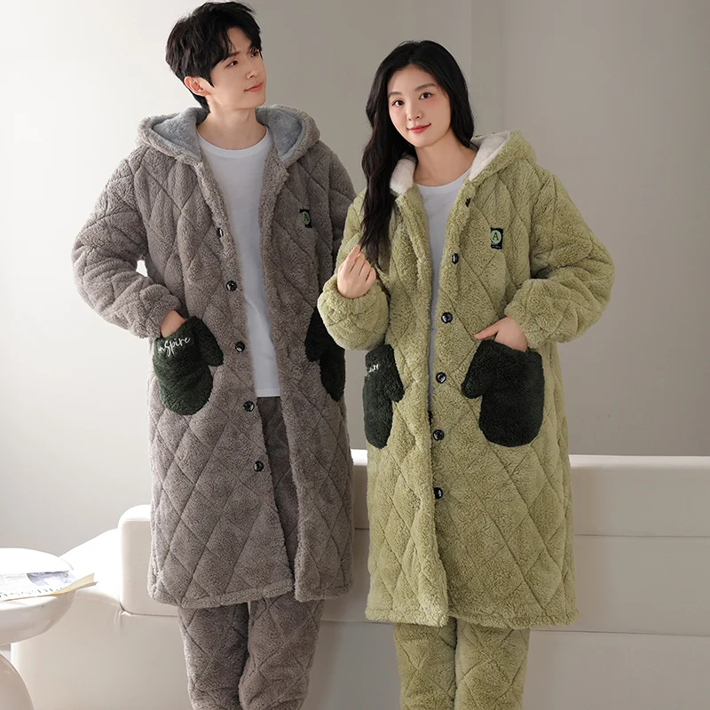 Thick 3 Layer Clip Cotton Hooded Bathrobe+Pant Men Women Winter Warm Kimono Bath Robe Dressing Gown