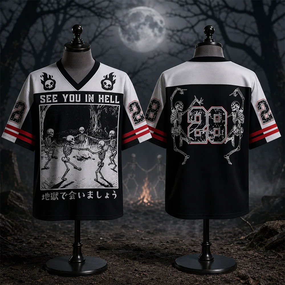 Unisex Harajuku Hell Vision Skull Quick-Drying V-Neck T-Shirt Breathable Rock Street Casual Fashionable Parent-Child Clothing