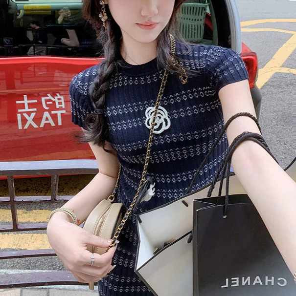 

7793 Summer Curved Bead Fragrant Style Round Neck Striped Color-Block Floral Decor Slim Fit Short Sleeve Long Dress