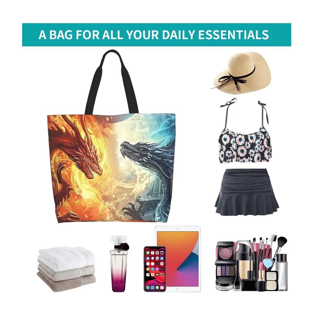 Red Fire Dragon Shopping Tote Bag Canvas Large Capacity Shoulder Bags Shopper Grocery Handbag for Women