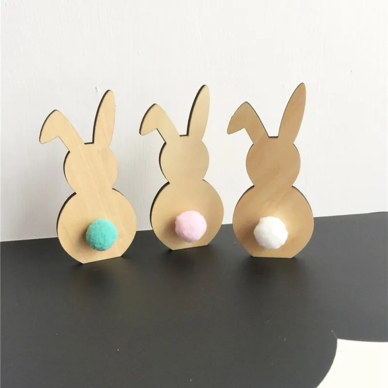 INS Nordic Wooden Rabbit Fur Ball Wall Ornament For Kids Room Decoration Desktop Figurines Wood Crafts Nursery Decor Photo Props