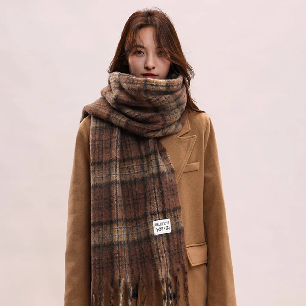 

Ретро мохеровый клетчатый шерстяной шарф с кисточками, утепленные зимние кашемировые шарфы, длинная шаль в корейском стиле, осень-зима
