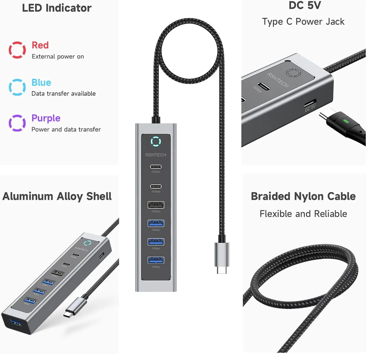 Imagem -06 - Hub Usb Rshtech de 10 Gbps com Usb-a e Portas de Dados Usb-c 3.2 e Portas Usb-a 3.0 Adaptador Multiport de Alumínio para Laptop