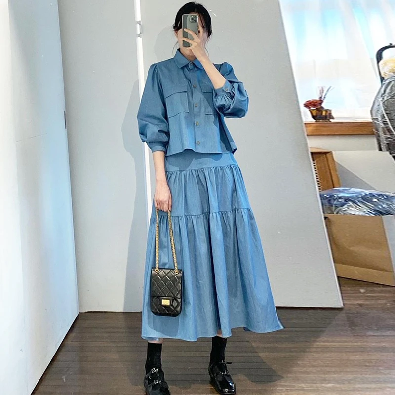 Korean Fashion Matching Sets Turn Down Collar Puff Sleeve Button Blouses High Waist Stitching Long Skirts Solid Color Women Set