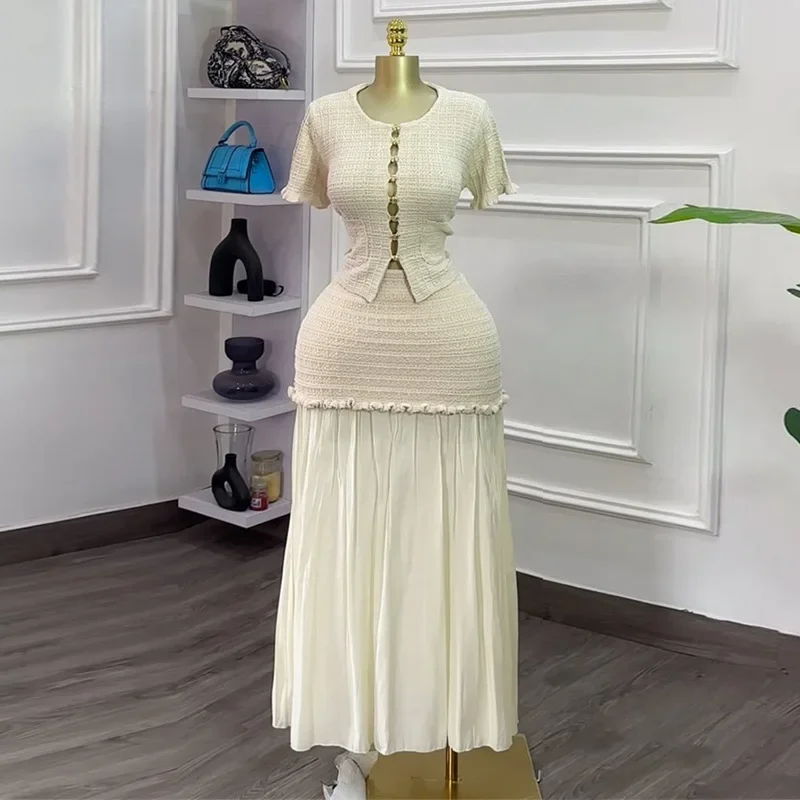 

Women's Set Short Sleeve Hollow Out Tops and Long Skirts Suit 2025 Summer Elegant Two 2 Piece Sets Outfit Tracksuit