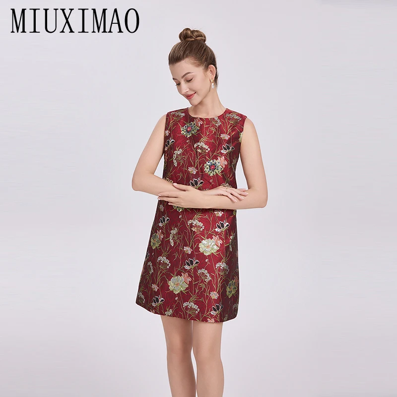 

MIUXIMAO 2025 Fashion Luxury Summer Dresses Diamonds Dress Flower A-LINE Mini Short Tank Dark Red Dress Women Vestidos