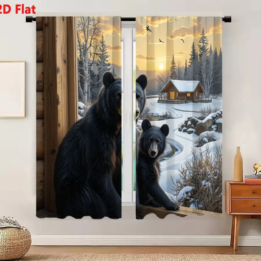 2Pcs Curtains 2D Flat Winter Cabin View With Black Bears On Windowsill And Snowy Forest Window Drapes for Bedroom Room Decor Dec