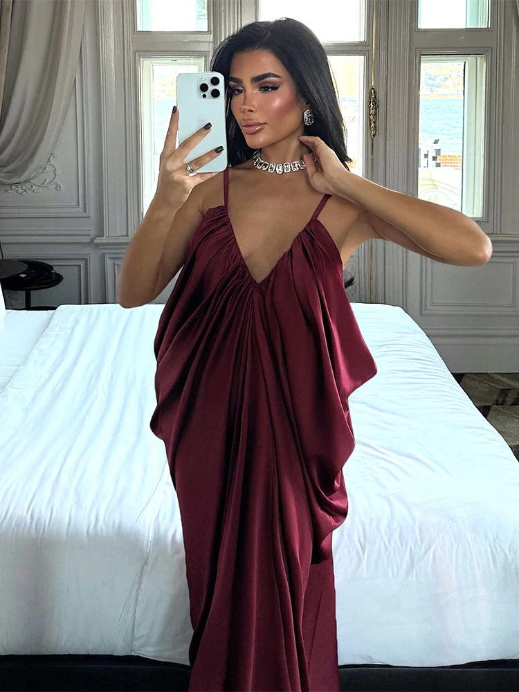 Kliou Zijdeachtig Satijn Ruches Elegante Sling Jurk Vrouw Diepe V-hals Sexy Backless Mouwloos Middernacht Cocktail Party Lange Bodycon