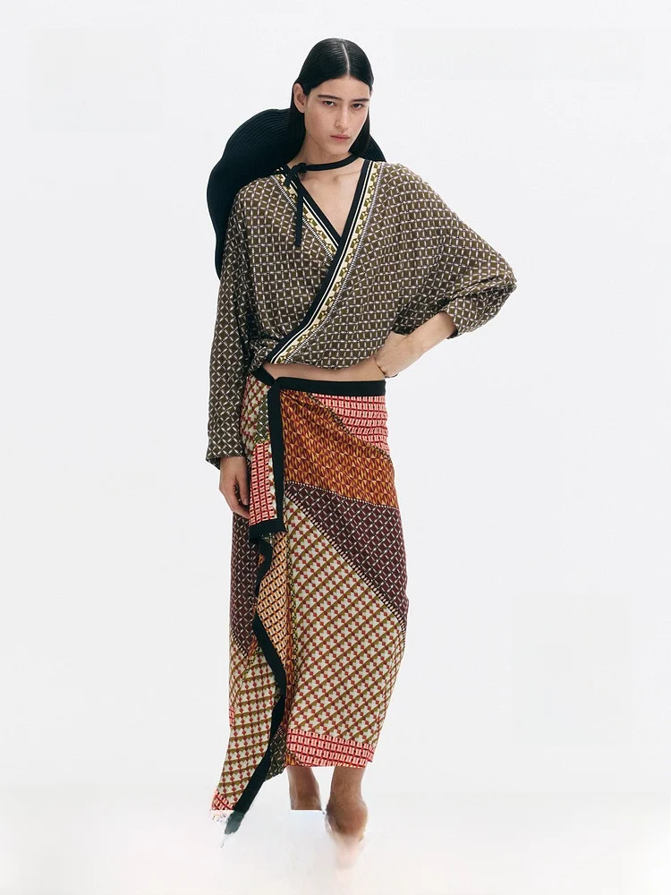 

Summer New Women's Wrap Style Half Skirt Hanging Pleat Splicing Standard Fit mid Waist Design Viscose Fiber Material