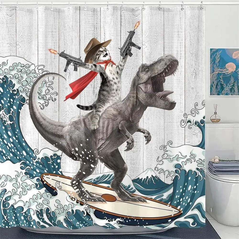 Funny Cat Riding Dinosaur Shower Curtains Ocean Sea Waves Creative Kids Bath Curtain Polyester Fabric Bathroom Decor With Hooks