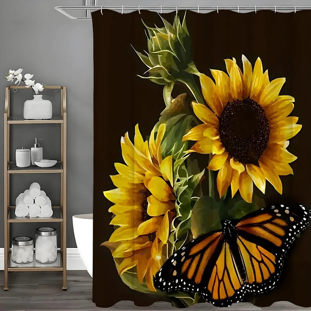 

Занавеска для душа с черным фоном и цветочным принтом подсолнечника, декоративная занавеска для душа в ванной комнате, водонепроницаемая занавеска для душа с крючками