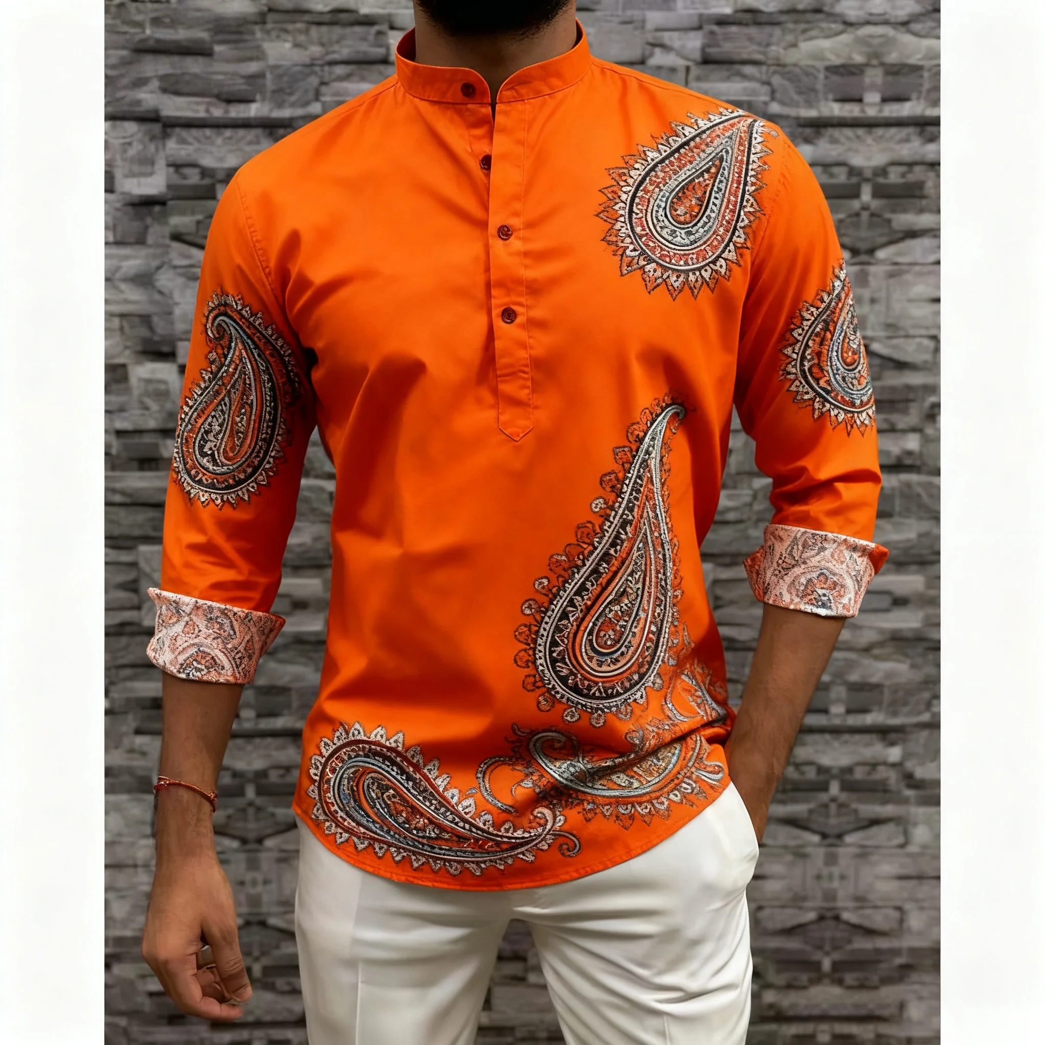 رداء رجالي مسلم لعام 2026 قميص بأكمام طويلة نمط عرقي بياقة واقفة ملابس عربية للرجال Vetements Homme Musulman