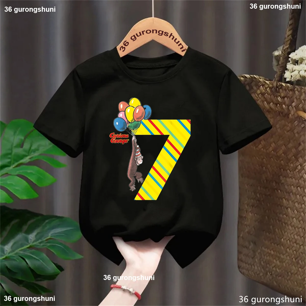 

Happy Birthday 7th Curious George Printed Tshirt Girls/Boys Funny Kawaii Kids Clothes Monkey With Balloon Solid T-Shirt Tops