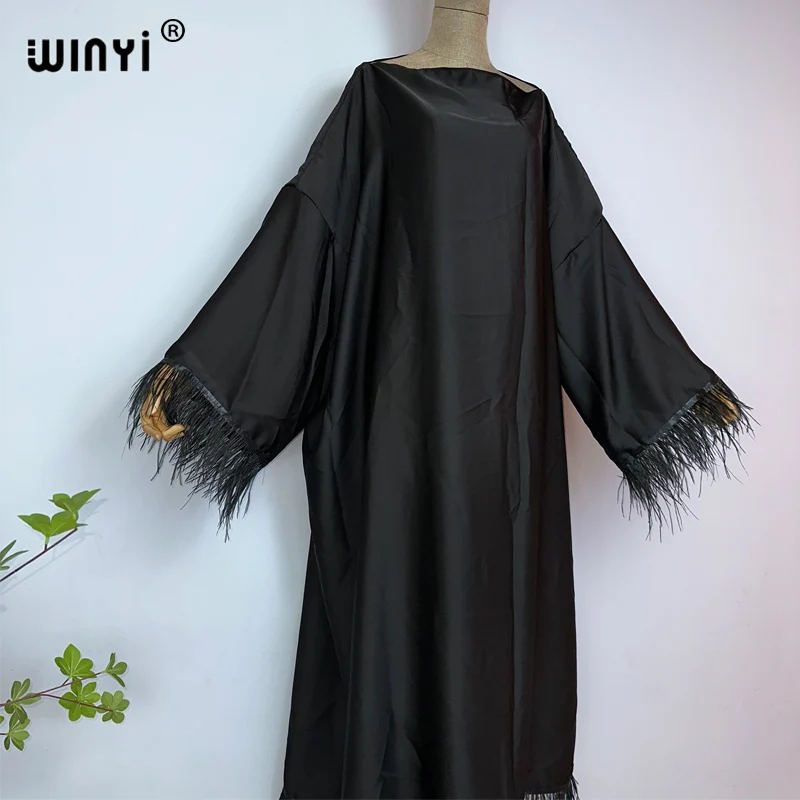 WINYI black High quality comfortable dressOstrich hair Muslim Women Hijab Dress fashion Abaya Full Cover Ramadan Gown kaftan