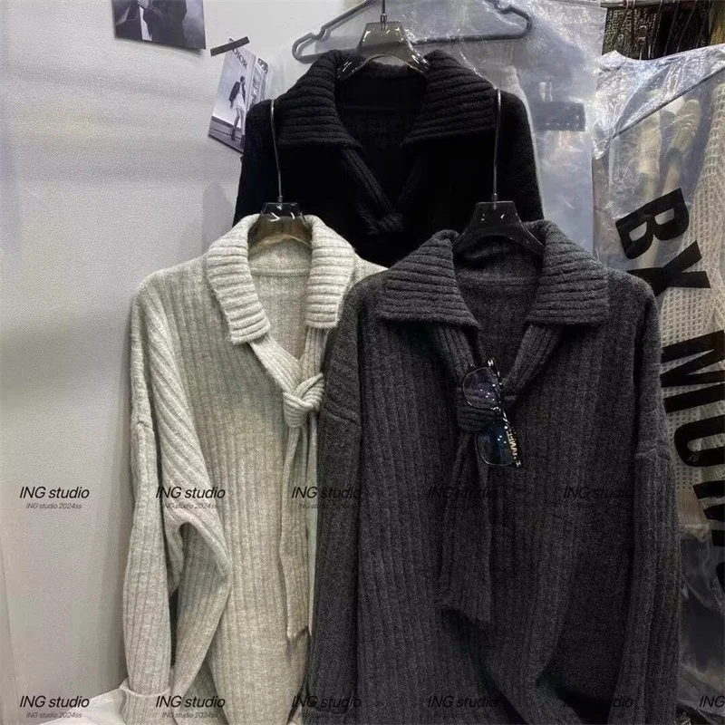 

New Women's Sweater Women's Retro Lapel Thick Pullover Sweater Loose Casual Style in Autumn and Winter High Sense Sweater Coat