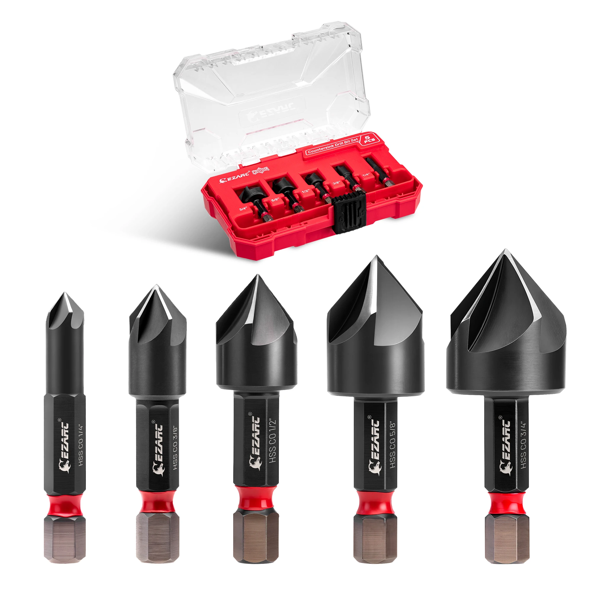 

EZARC Counter Sink Drill Bit for Hard Metal, 5Pcs Titanium Aluminum Nitride Coated Countersink Drill Bit Set with 1/4" Hex Shank