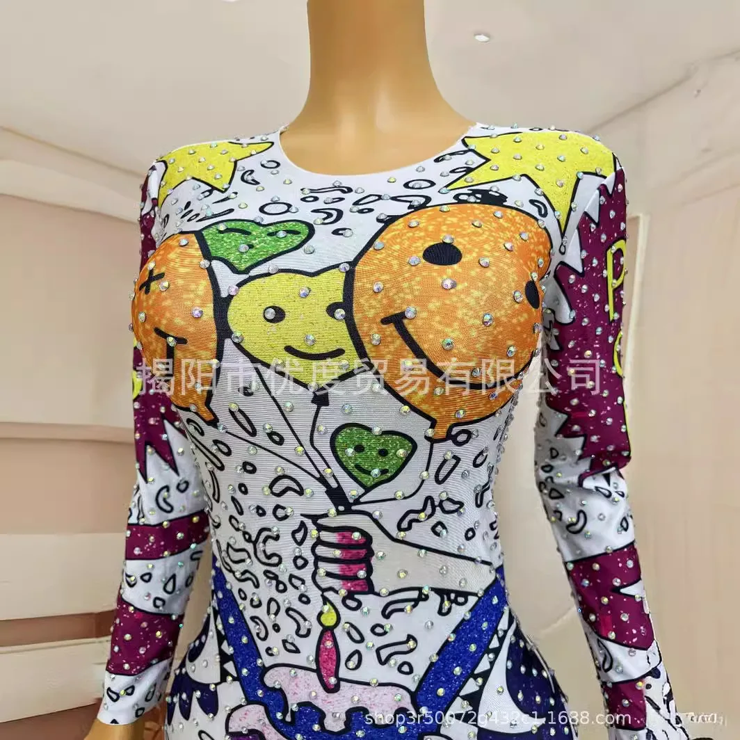 Fairy Tale Sparkling Rhinestones Tight Glam Perspective Mesh Birthday DJ Cocktail Party Dance Night One-piece Balloon Abendkleid