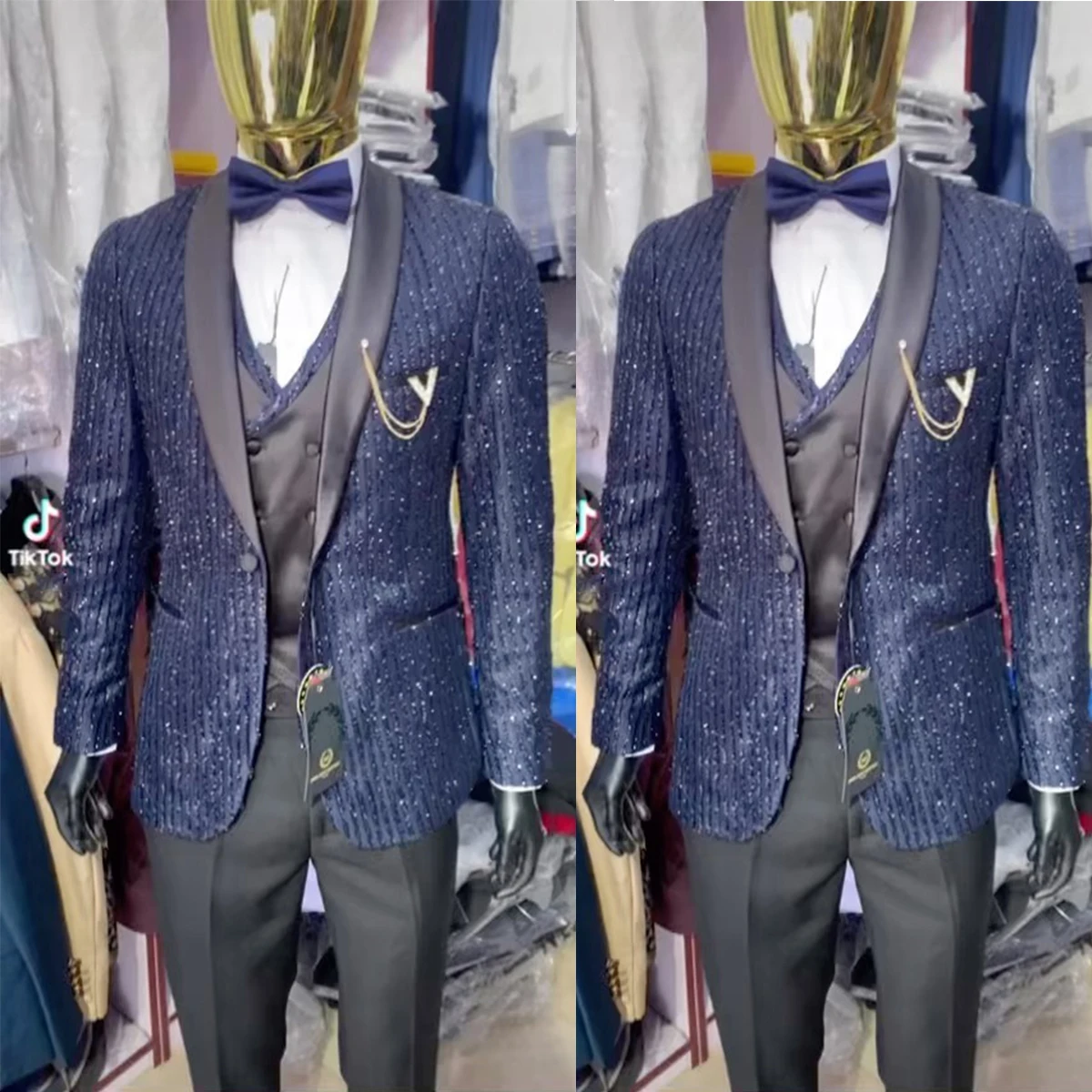 Setelan tuksedo pria, jas Tuxedo bersinar applique syal satu kancing disesuaikan 3 buah Blazer celana disesuaikan pengantin pria pesta