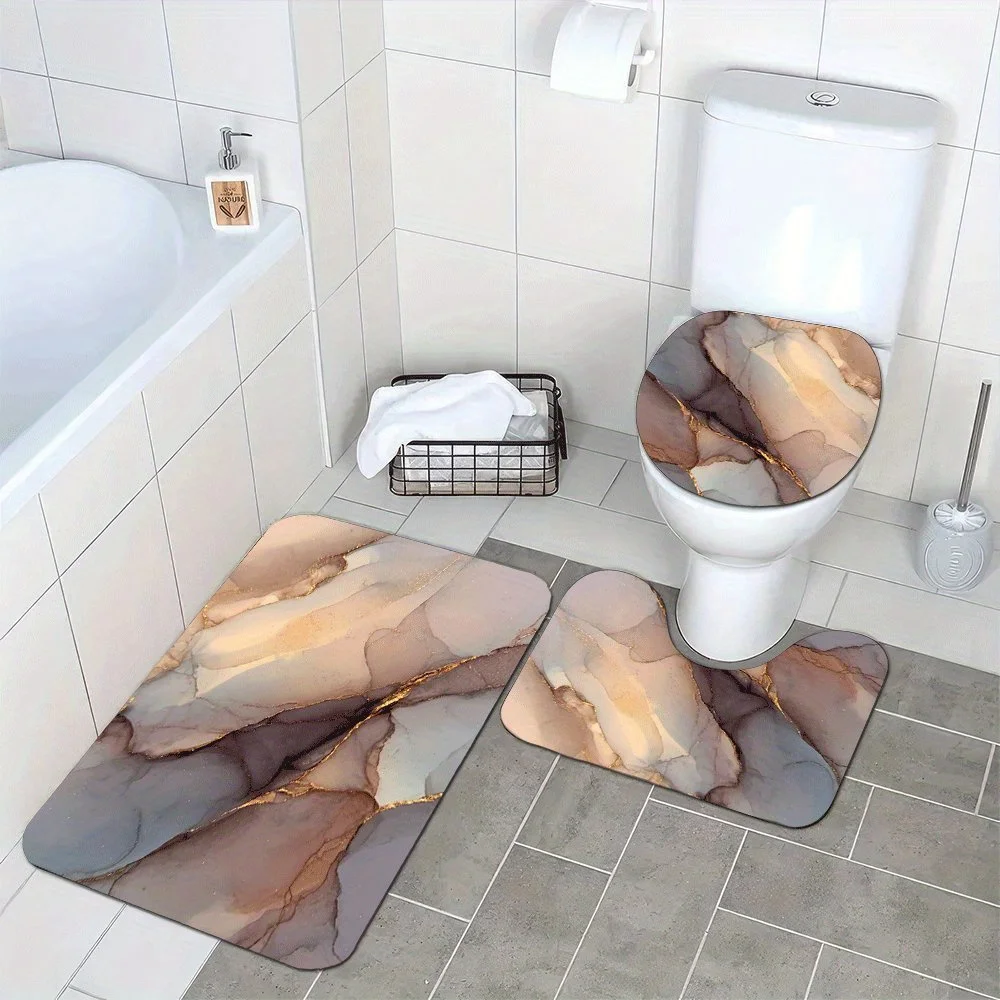 

3pcs Soft & Absorbent Plush Bath Mats Non-Slip, Washable, Comfortable, Brown Marble Texture Printed Bath Blanket for Shower Room