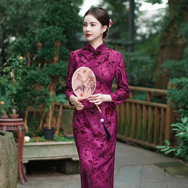 

cheongsam velvet modern 2026 premium luxury 6xl 5xl 4xl 3xl classic stretch chinese woman dress with long sleeves loose qi pao