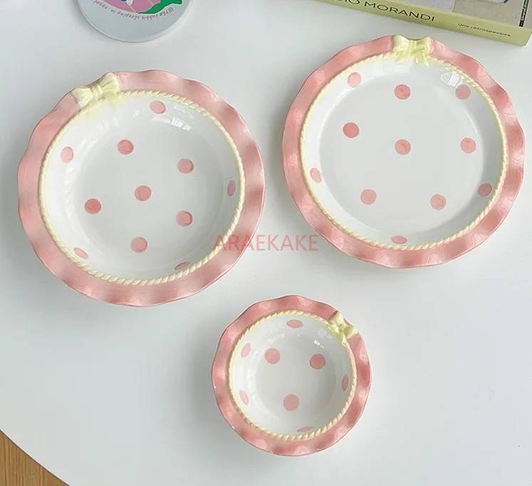 bow shaped household meal plate, fruit plate, deep plate Large size pink and tender tableware, dessert plate,