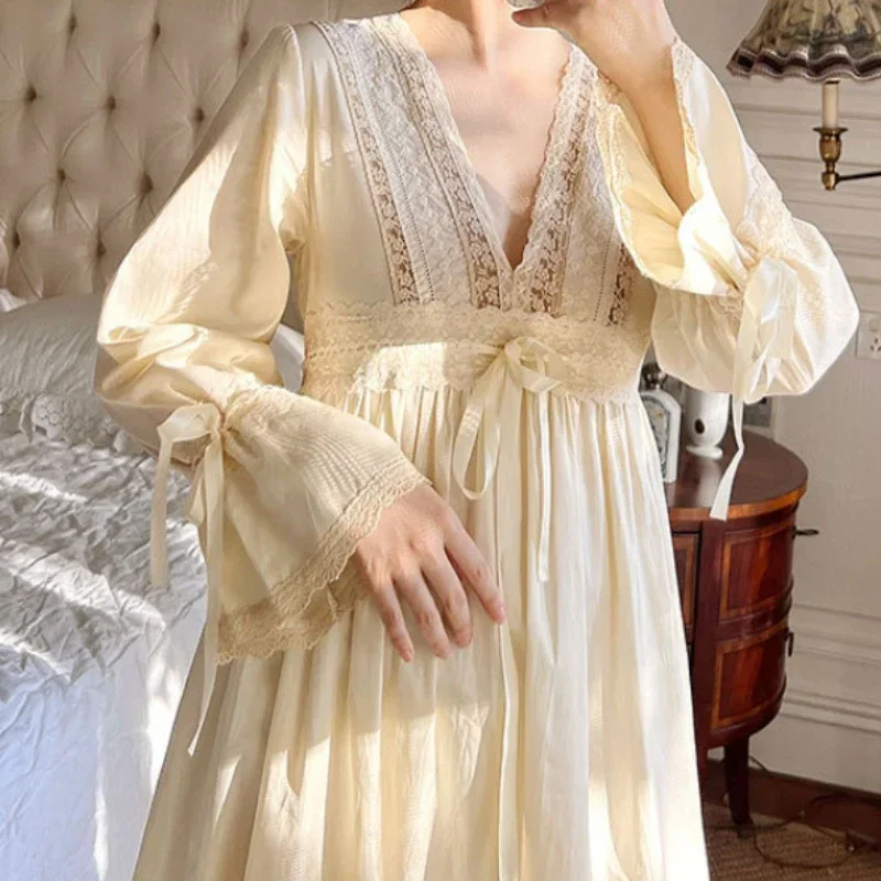 Apricot Long Robe Nightie Night Dress Wear Victorian Nightdress Princess Sleepwear Women Autumn Pure Cotton Vintage Nightgowns