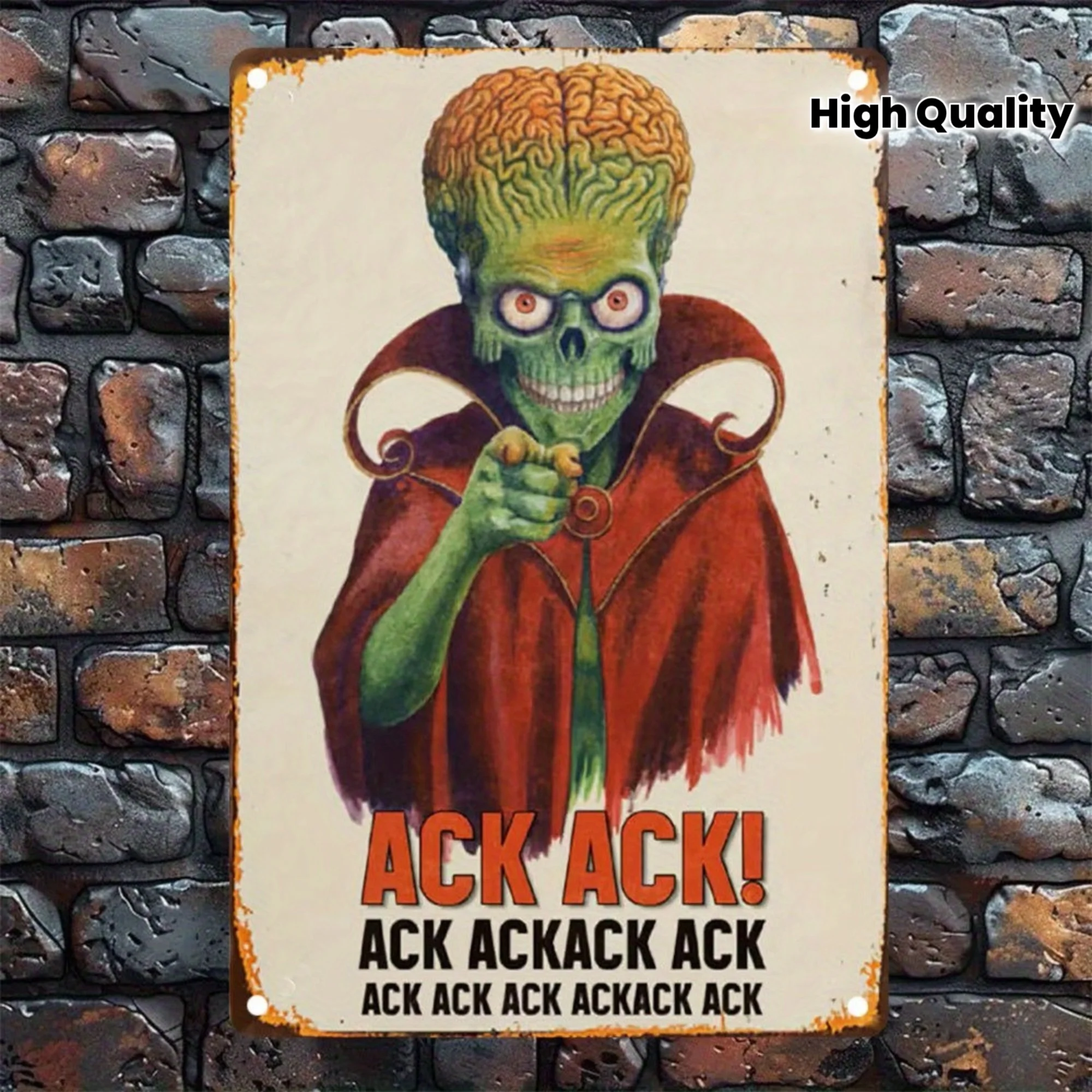 Flaches 2D Vintage Mars Attack! Vintage Alien Metall-Wandkunst, hochwertiger Druck, grüner Totenkopf-Alien