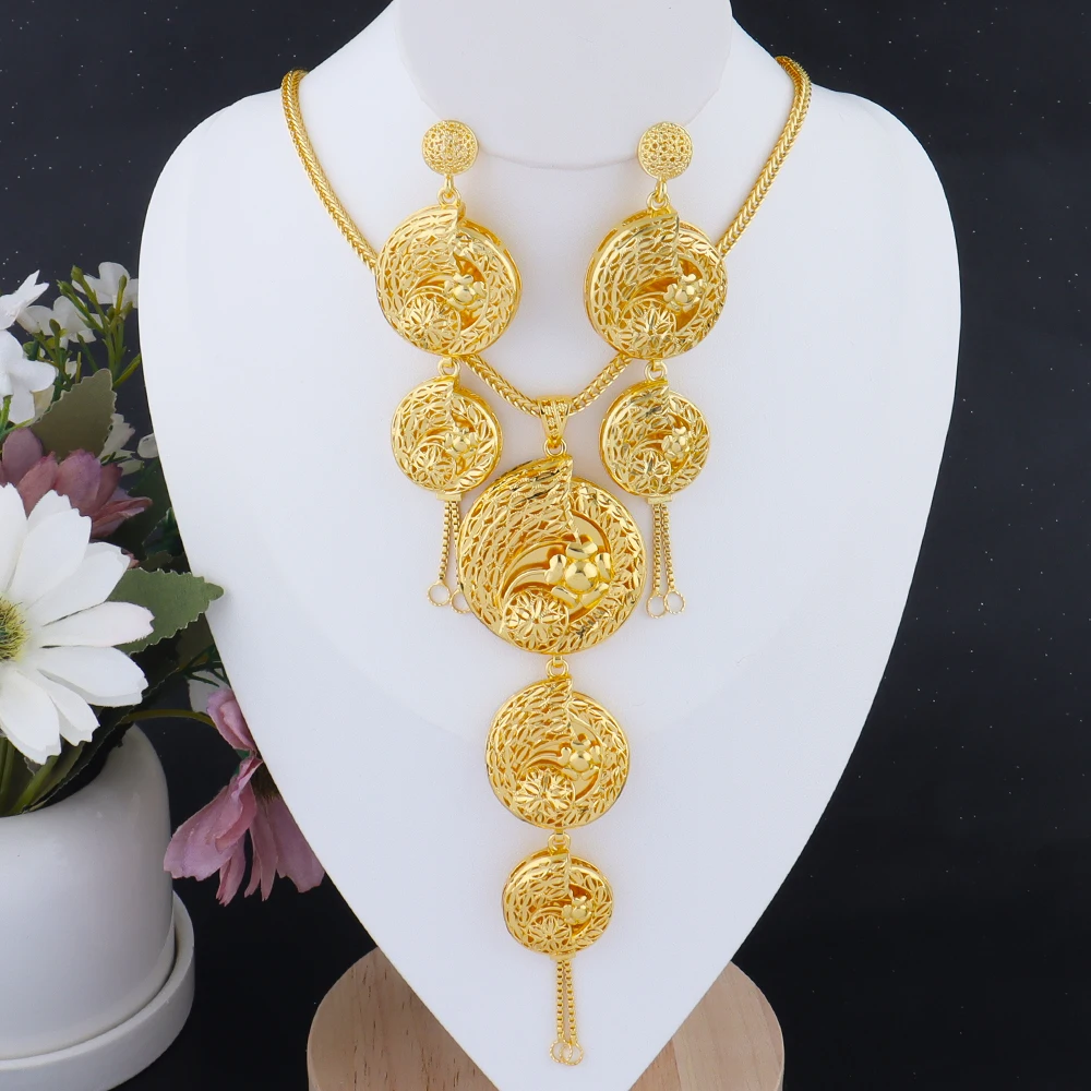 

Dubai New Fashion Jewelry Set For Women Gold Color Stainless Steel Tassel Arab Luxury Necklace Earrings For Party Wedding Gifts