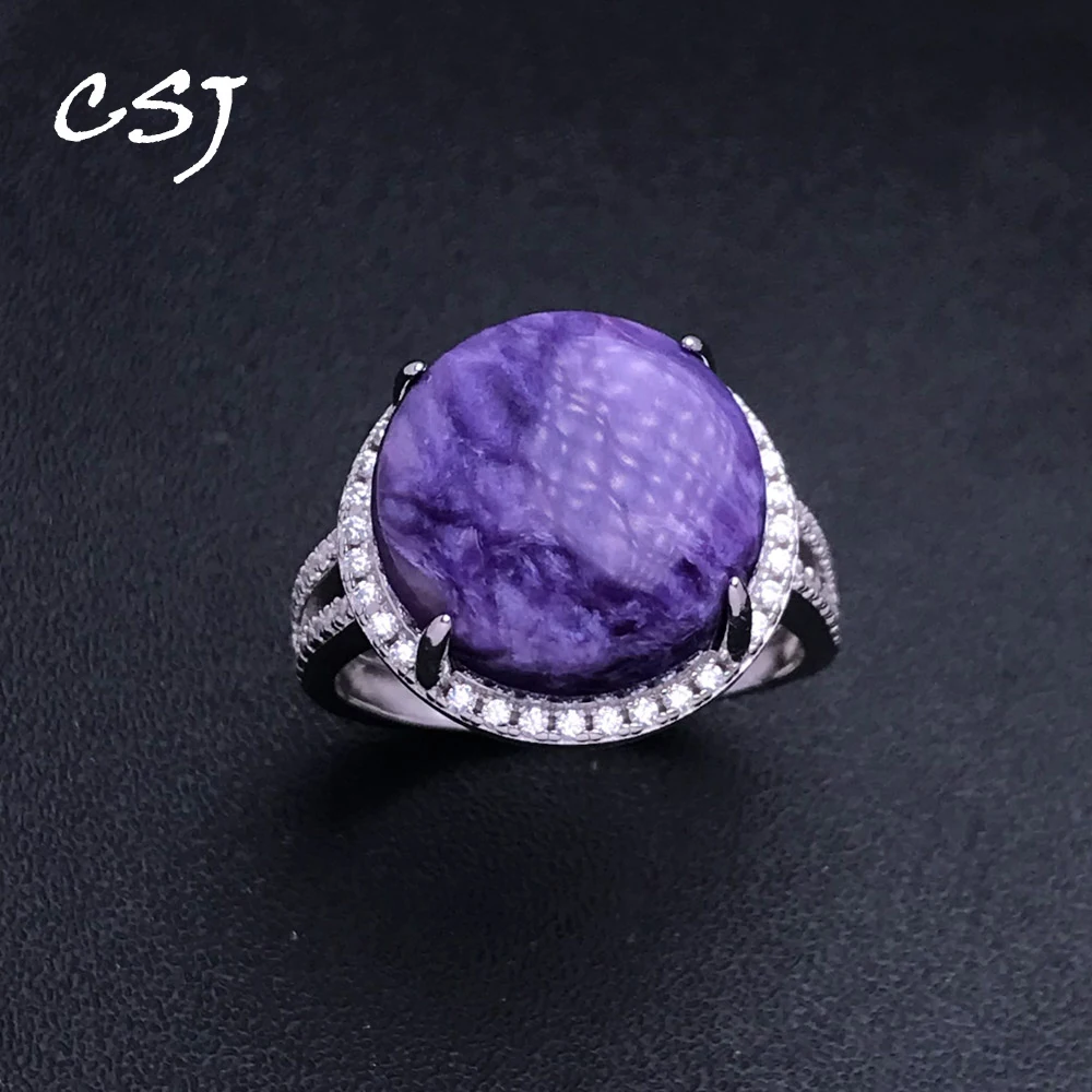 CSJ Natural Charoite Gemstone Ring 925 Sterling Silver Malachite Agate Sodalite Round 14mm for Women Party Birthday Jewelry Gift