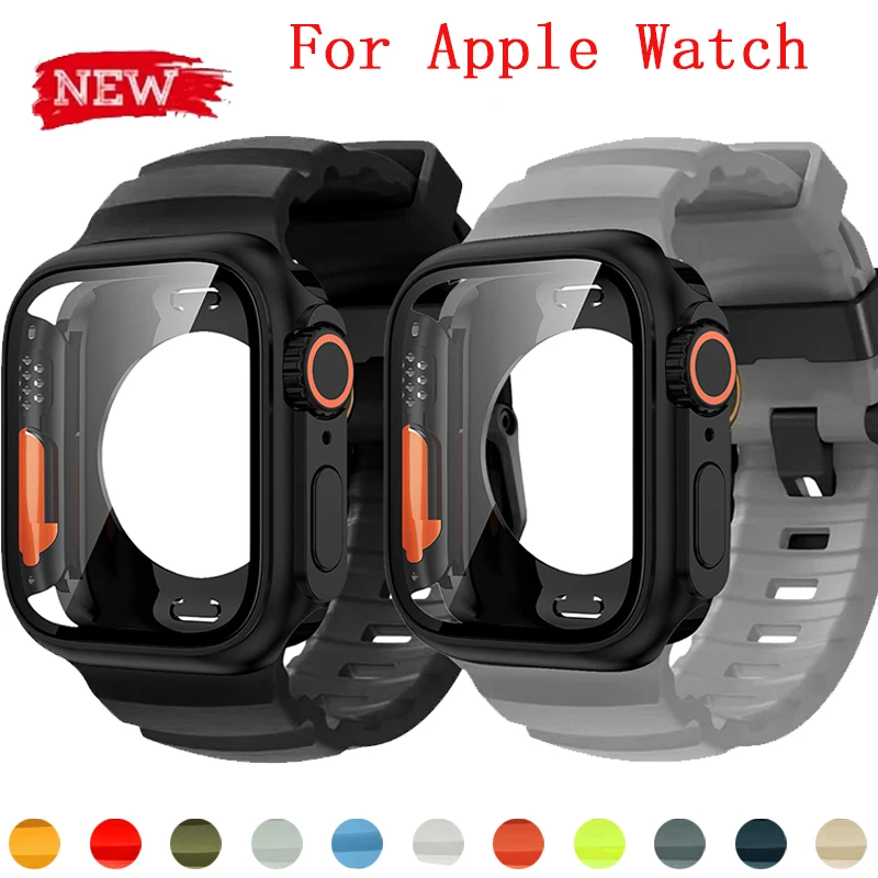 

Чехол + ремешок для Apple Watch 44 мм 45 мм 46 мм Силиконовый ремешок Жесткий чехол из ПК для Iwatch Series 11 10 9 8 7 6 5 SE3 2 1 Браслет