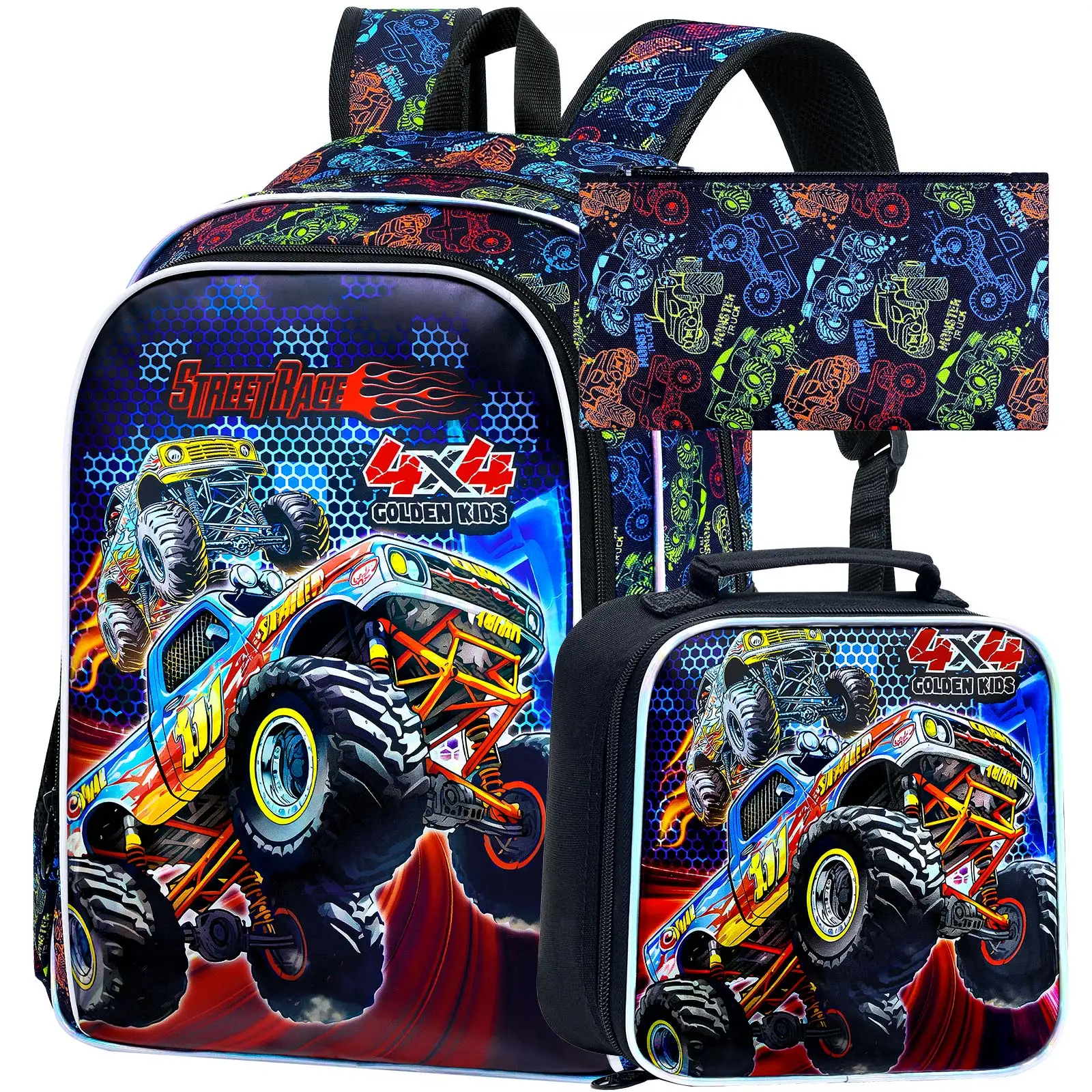 

3Pcs Truck Backpack for School, Boys Bookbag with Lunch Box, 16" Kids Backpacks for Elementary Preschool Kindergarten (Black)