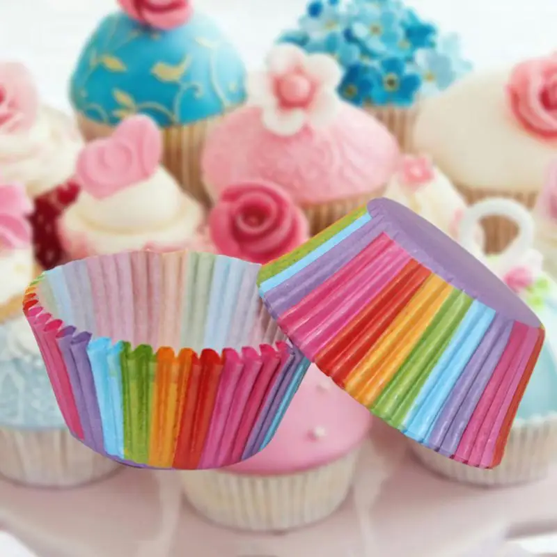 100pcs Colorful Cupcake Paper Marfen Cup Printed Cake Paper Tray Tube Packed Cake Cup Baking Oil-proof Home Kitchen Bakeware