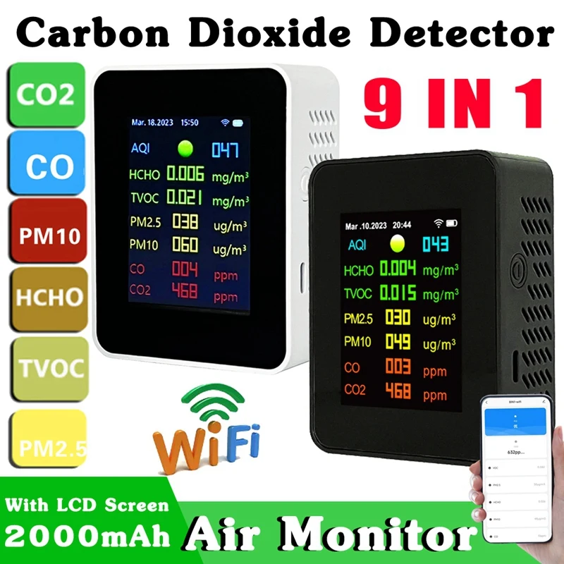 9 In 1 Digital Temperature Humidity Tester PM2.5 PM10 HCHO TVOC CO CO2 Meter Wifi LCD