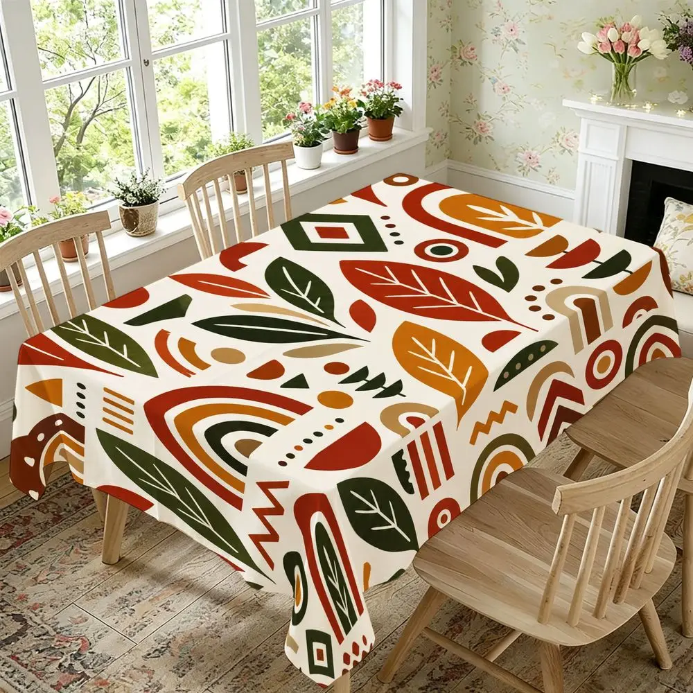 Retro Mid-Century Modern Tablecloth, Vibrant Geometric Leaf Pattern with Earth Tones, Durable Fabric Table Cover, Rectangular for Dining Room, Kitchen, Farmhouse Decor, Indoor Party, Holiday Gathering, Easy Clean Table