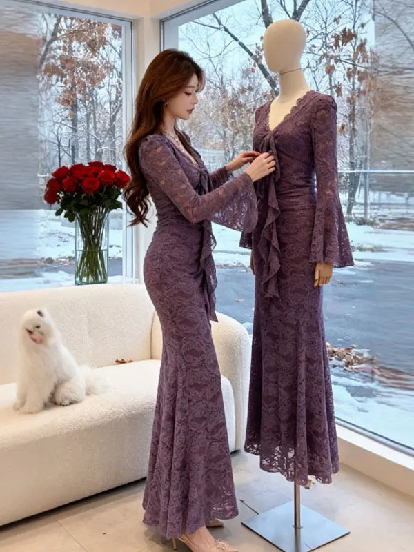 

Sexy Lace Dr Bodycon Skirt V-Ne Unique Sle Breathable Comfortable Warm Non-Fading Iron-Free for Busin Casual Ci W...