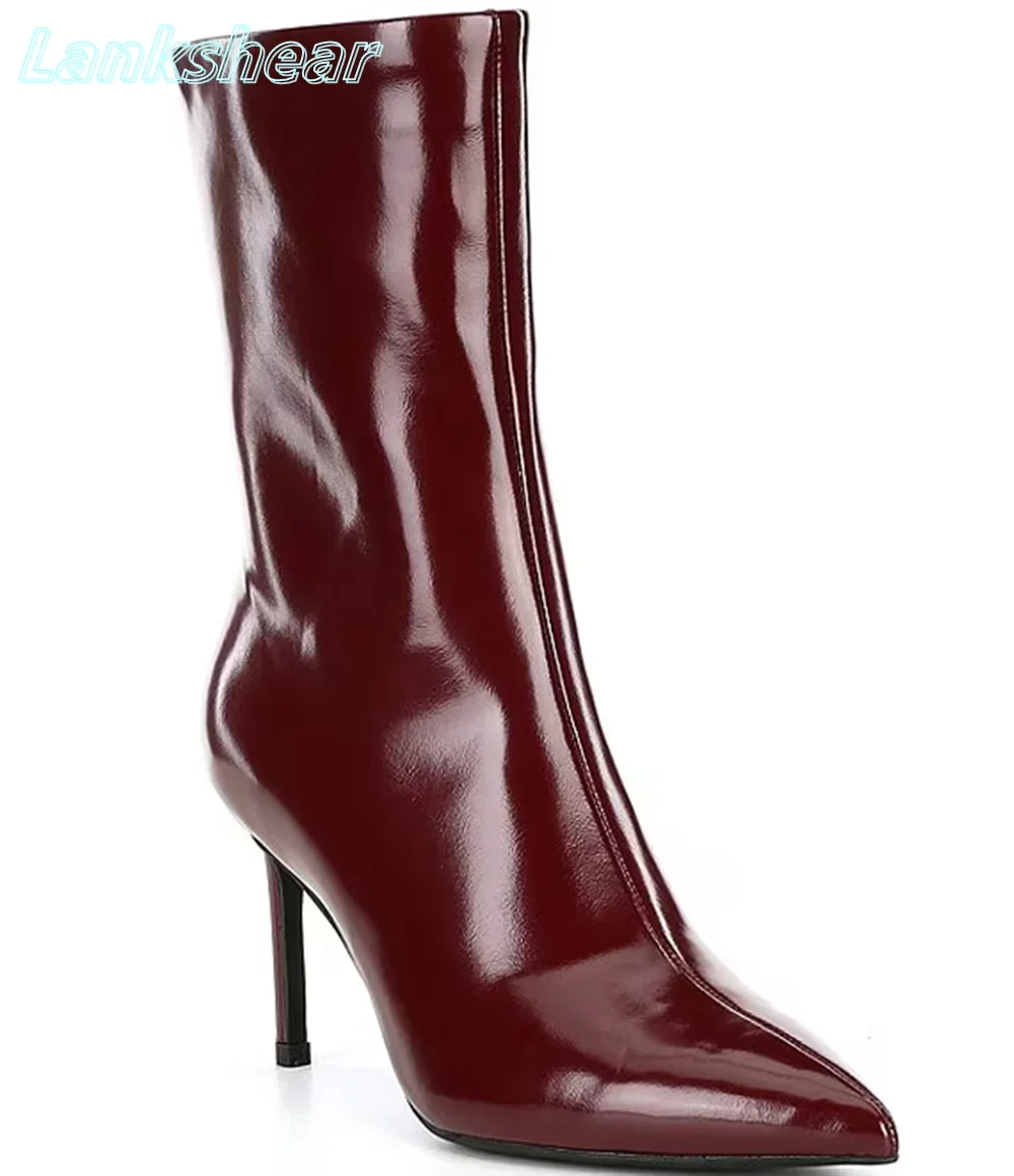 

Red PU Pointed Toe Mid-calf Boots Solid Pointed Toe Thin High Heels Stilettos Side Zipper Sexy Winter Women Boots Luxury 2025