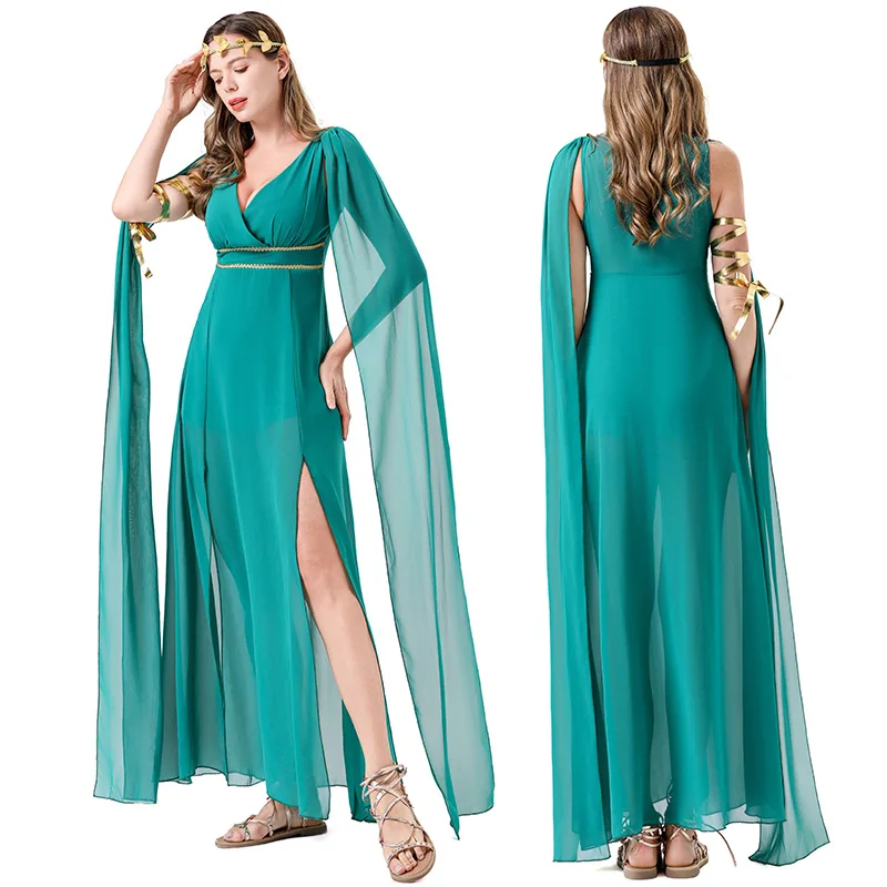

Сексуальный костюм греческой богини, женское зеленое сексуальное длинное платье с v-образным вырезом и разрезом, Хэллоуин, карнавал, вечеринка, косплей, нарядное платье королевы Клеопатры