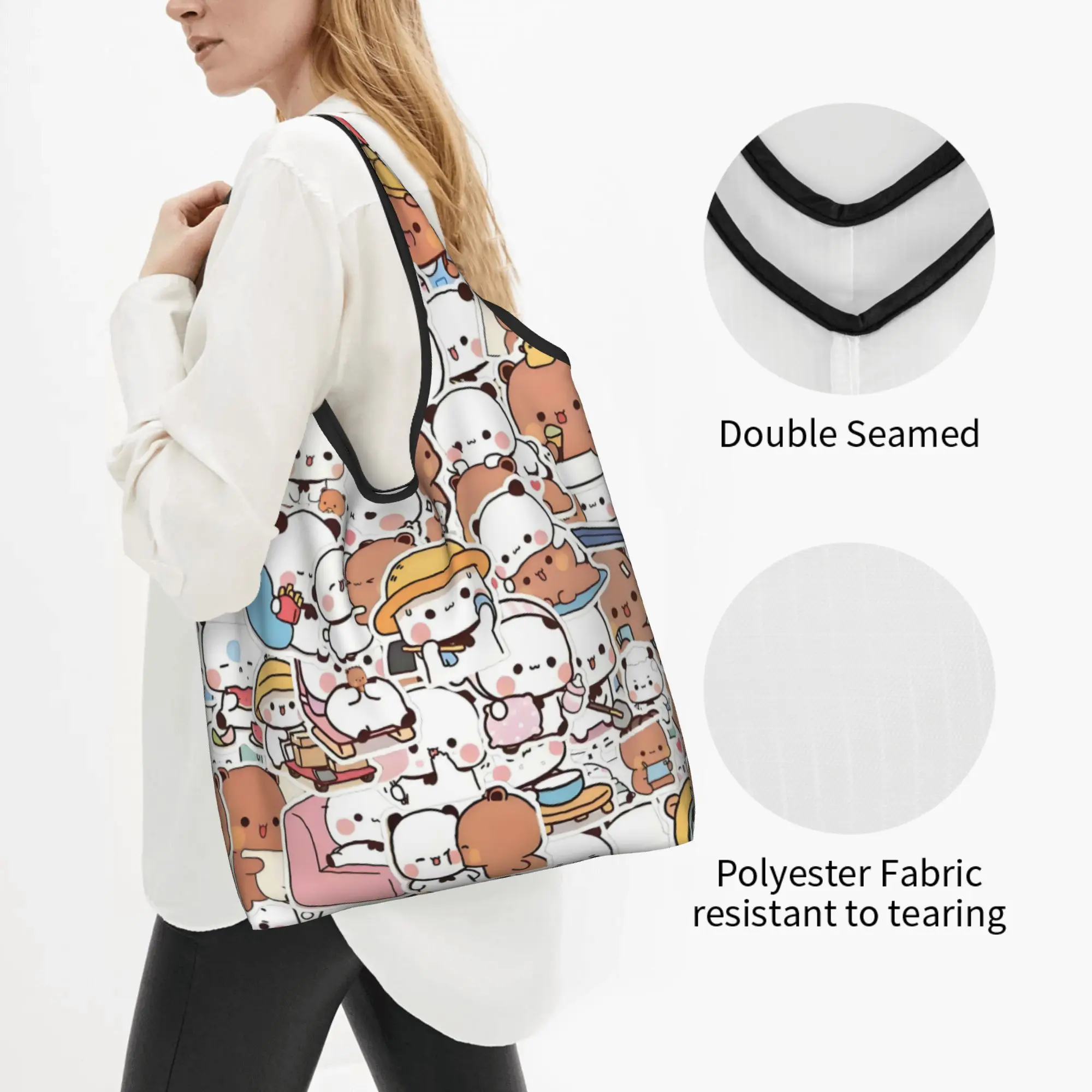 Cute Printed Cartoon    Peach And Goma Tote Shopping Bags Portable Shoulder Shopper Bubu Dudu Bear Panda Anime Handbag