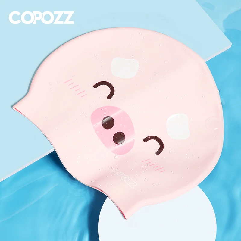 COPOZZ Kids Swim Pool HatCartoon Cute Pig Cat Design Boys Girls Elastic Waterproof Ear Protection One Size Comfort Swimming Cap