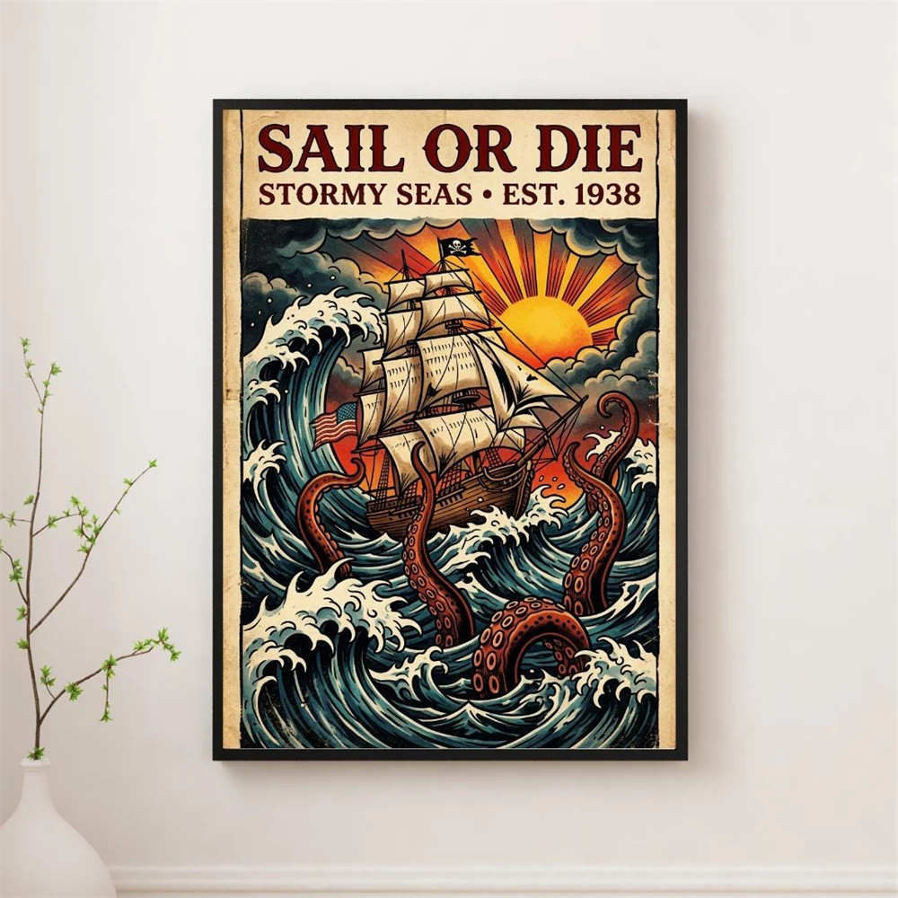Nautical Tattoo Print Kraken Ship Art Canvas Painting Stormy Sea Wall Art Poster Vintage Pirate Poster Home Bedroom Wall Decor